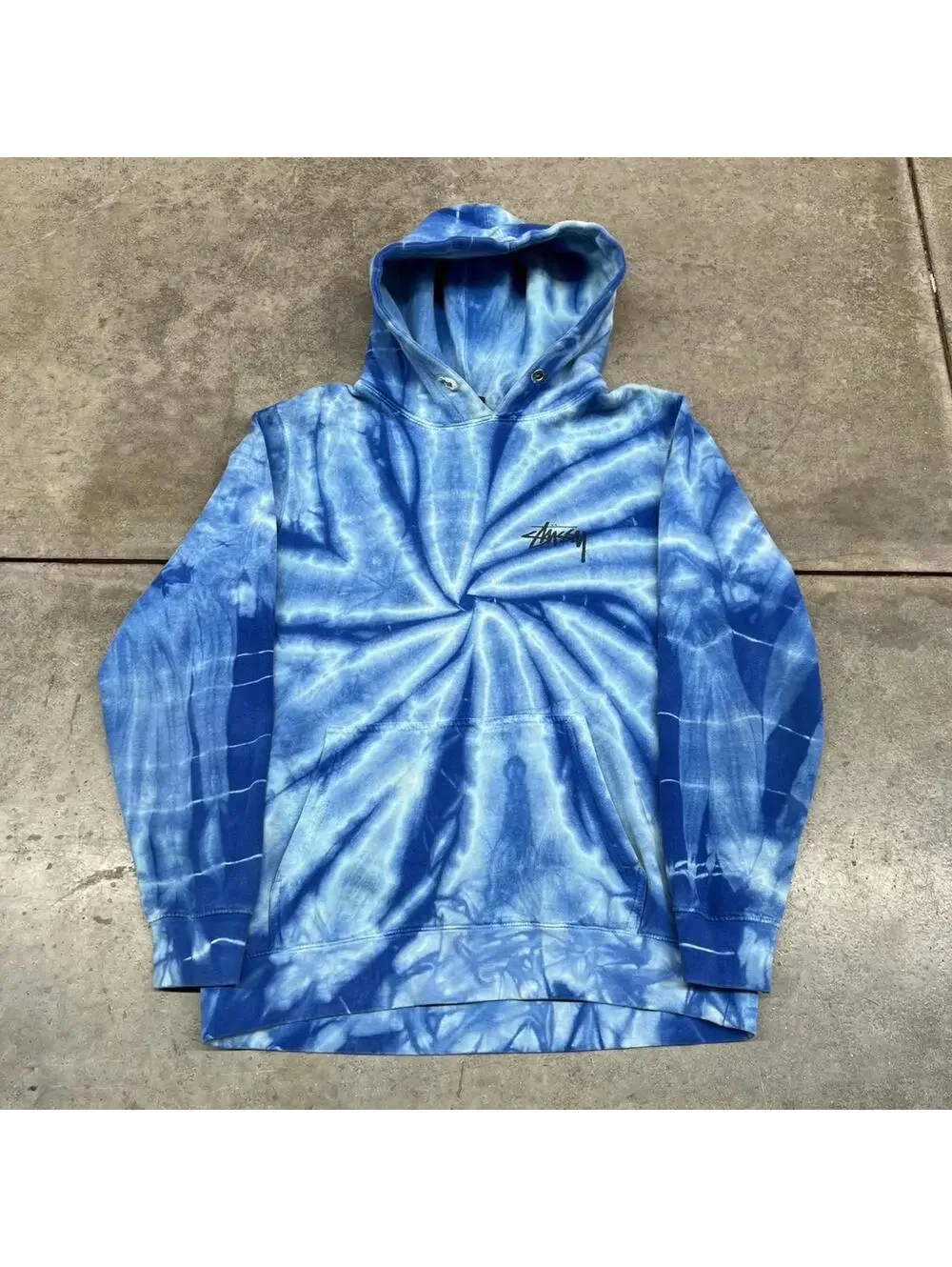 vintage stussy blue and white tie dye big logo hoodie size small
